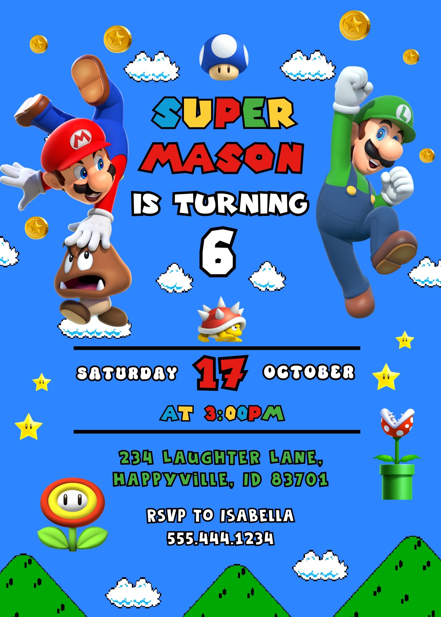 Super Mario Bros customizable invitation template | Share or Print | JZ850