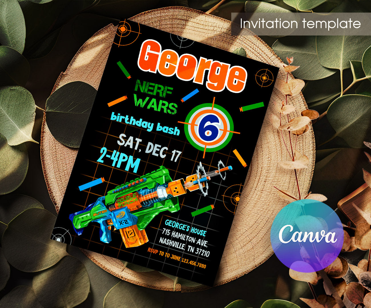 NERF Dart Wars customizable invitation template | Share or Print | boy | CB216
