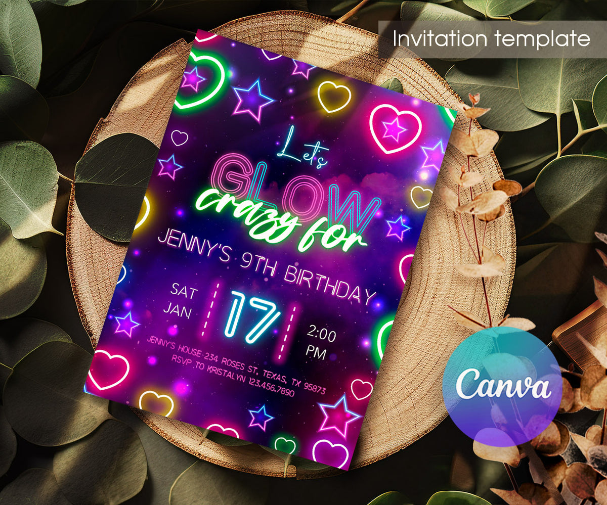 Lets Glow Crazy customizable invitation template | Share or Print | PM309