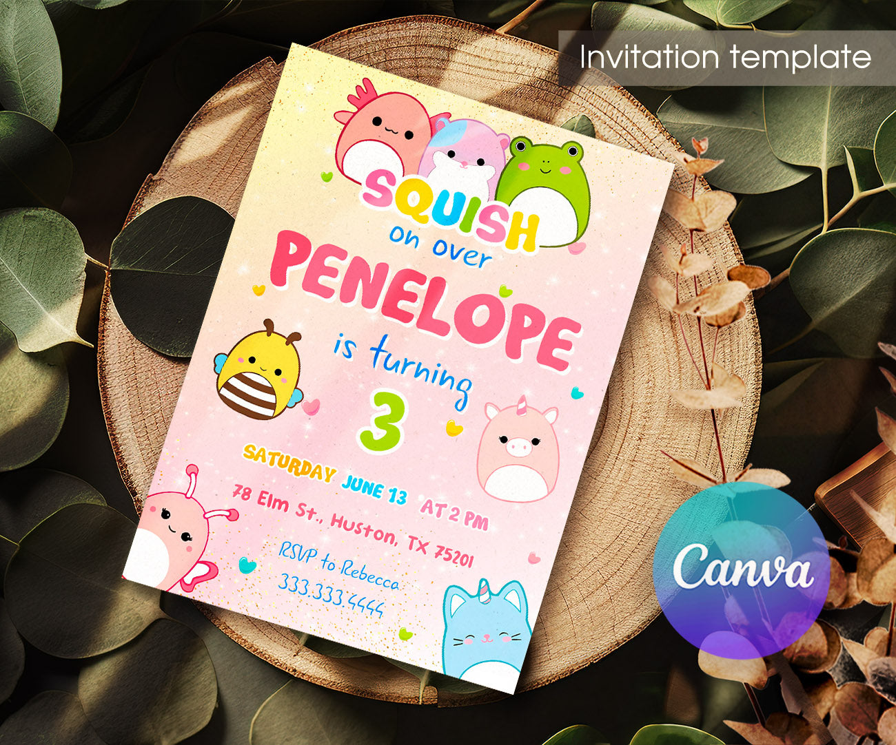 Squishmallows customizable invitation template | Share or Print | IY109