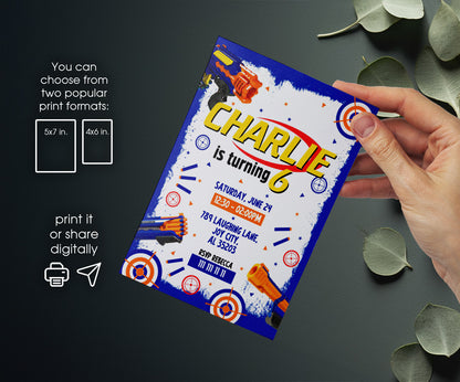 NERF Dart Wars customizable invitation template | Share or Print | boy | HM896