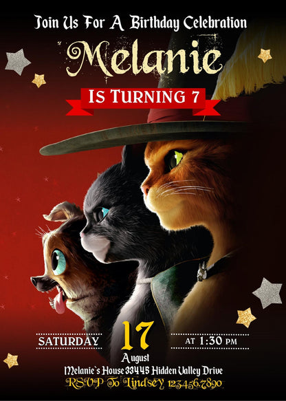 Puss in Boots Cat Shrek customizable invitation template | Share or Print | ND863