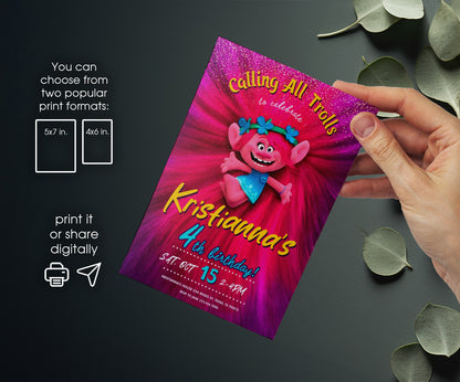 Trolls Poppy customizable invitation template | Share or Print | PO518