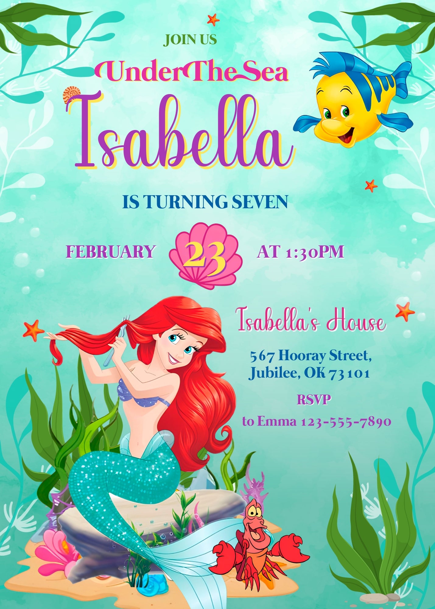 Ariel The Little Mermaid customizable invitation template | Share or Print | girl | OV972
