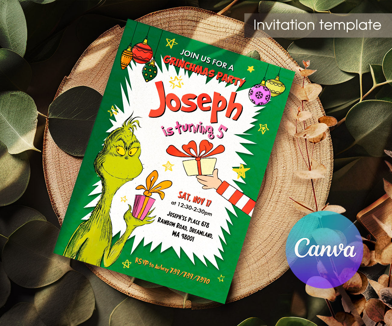 Dr Seuss How the Grinch Stole Christmas customizable invitation template | Share or Print | FH433
