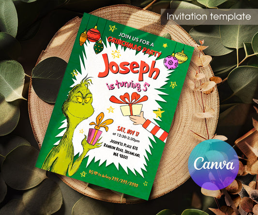 Dr Seuss How the Grinch Stole Christmas customizable invitation template | Share or Print | FH433