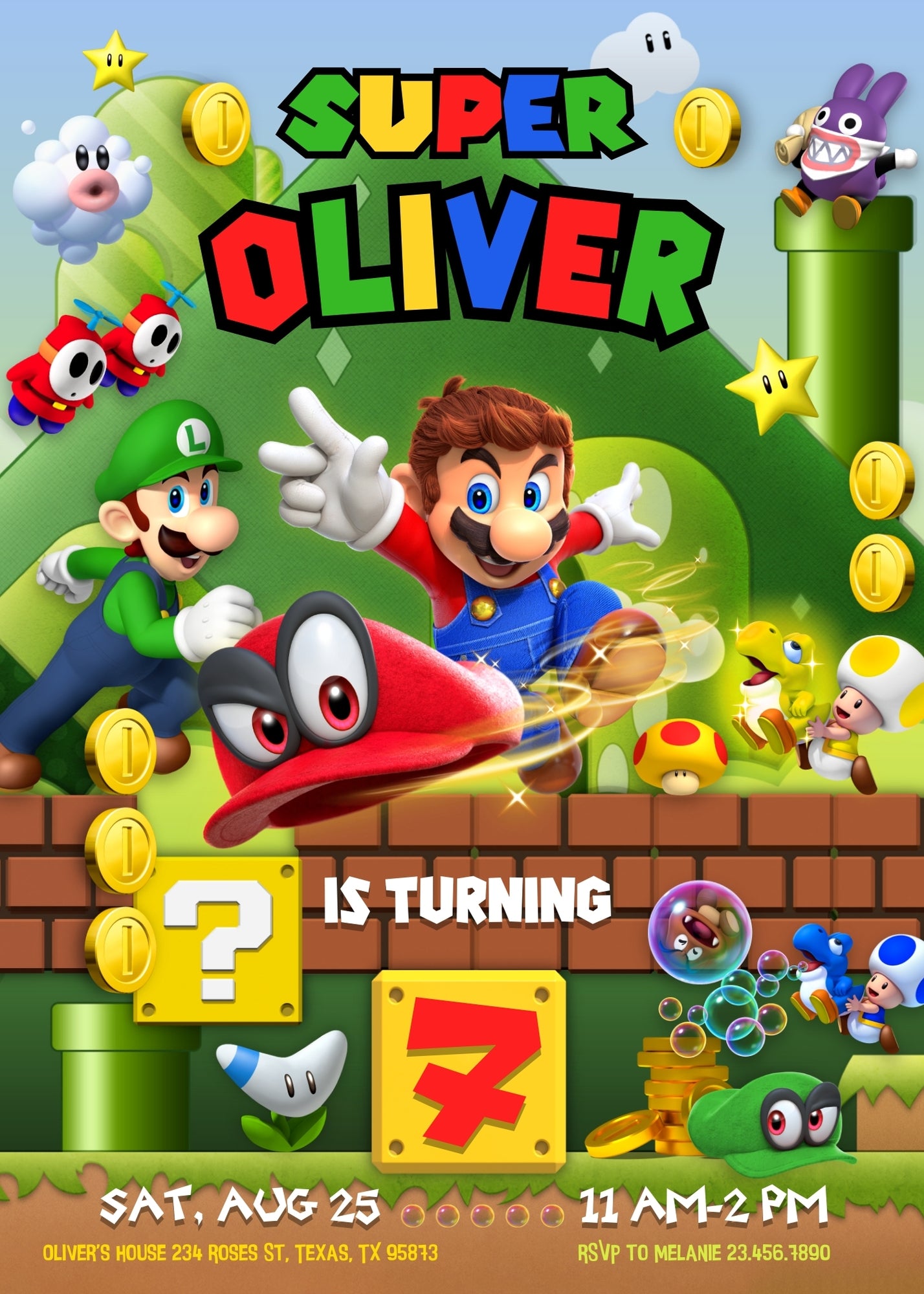 Super Mario Bros customizable invitation template | Share or Print | TD012