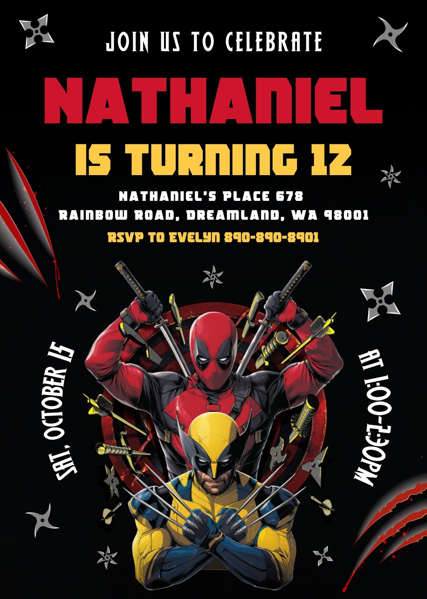 Deadpool Wolverine Marvel customizable invitation template | Share or Print | boy | UQ660