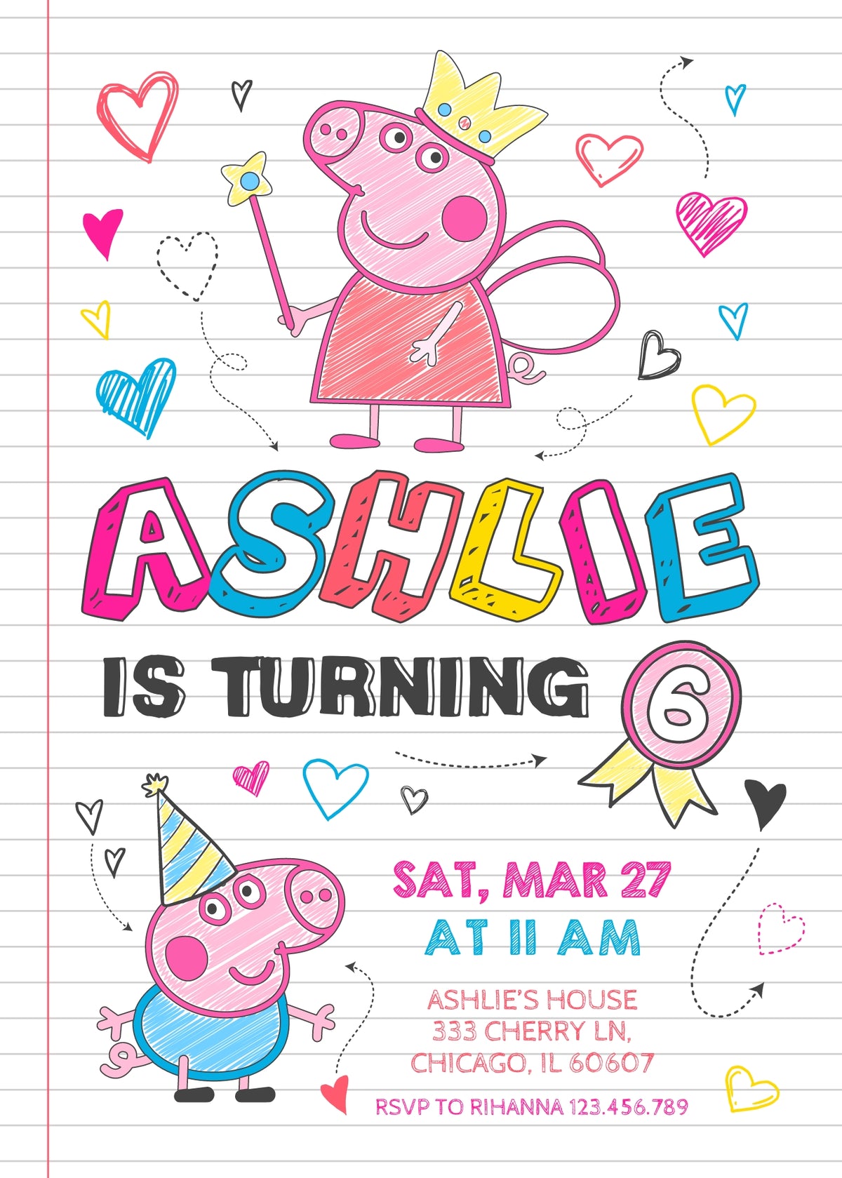 Peppa Pig customizable invitation template | Share or Print | girl | YX829