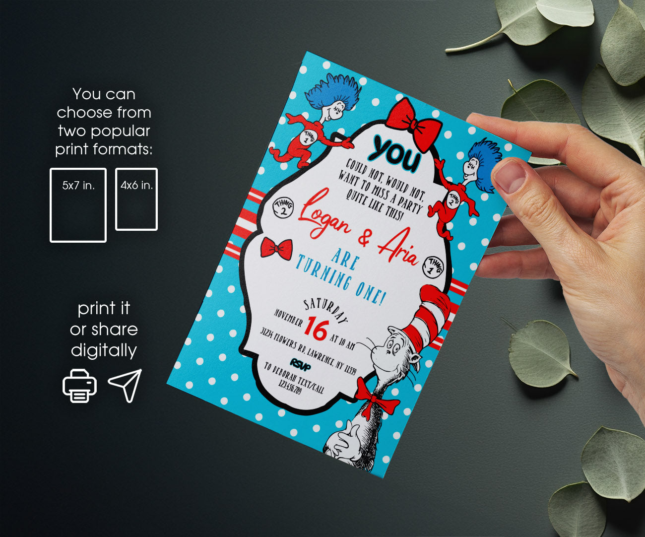 Dr Seuss The Cat in the Hat Twins customizable invitation template | Share or Print | OD424