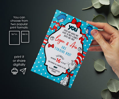 Dr Seuss The Cat in the Hat Twins customizable invitation template | Share or Print | OD424