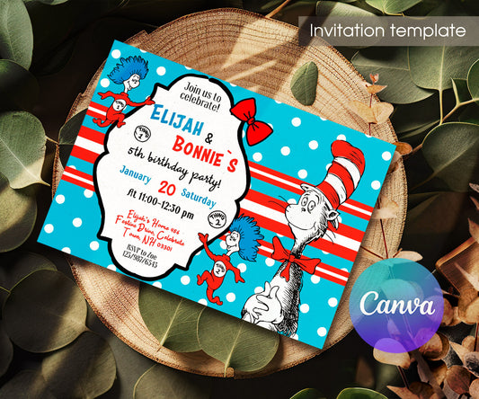 Dr Seuss The Cat in the Hat Twins customizable invitation template | Share or Print | IT925