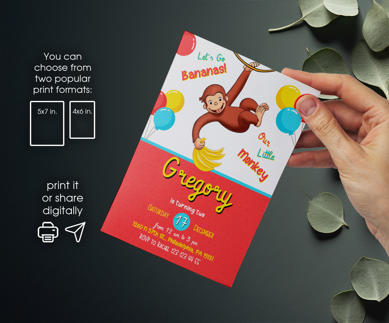 Curious George Monkey customizable invitation template | Share or Print | RV408