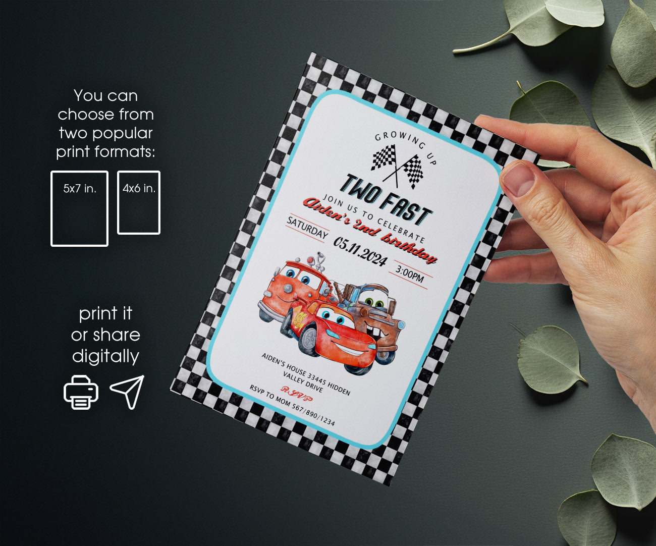 Cars Lightning Mcqueen Two customizable invitation template | Share or Print | boy | DJ749