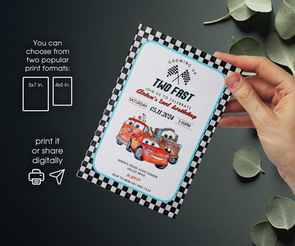 Cars Lightning Mcqueen Two customizable invitation template | Share or Print | boy | DJ749