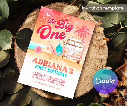 Groovy 1st Surfvan Surfing customizable invitation template | Share or Print | EM338