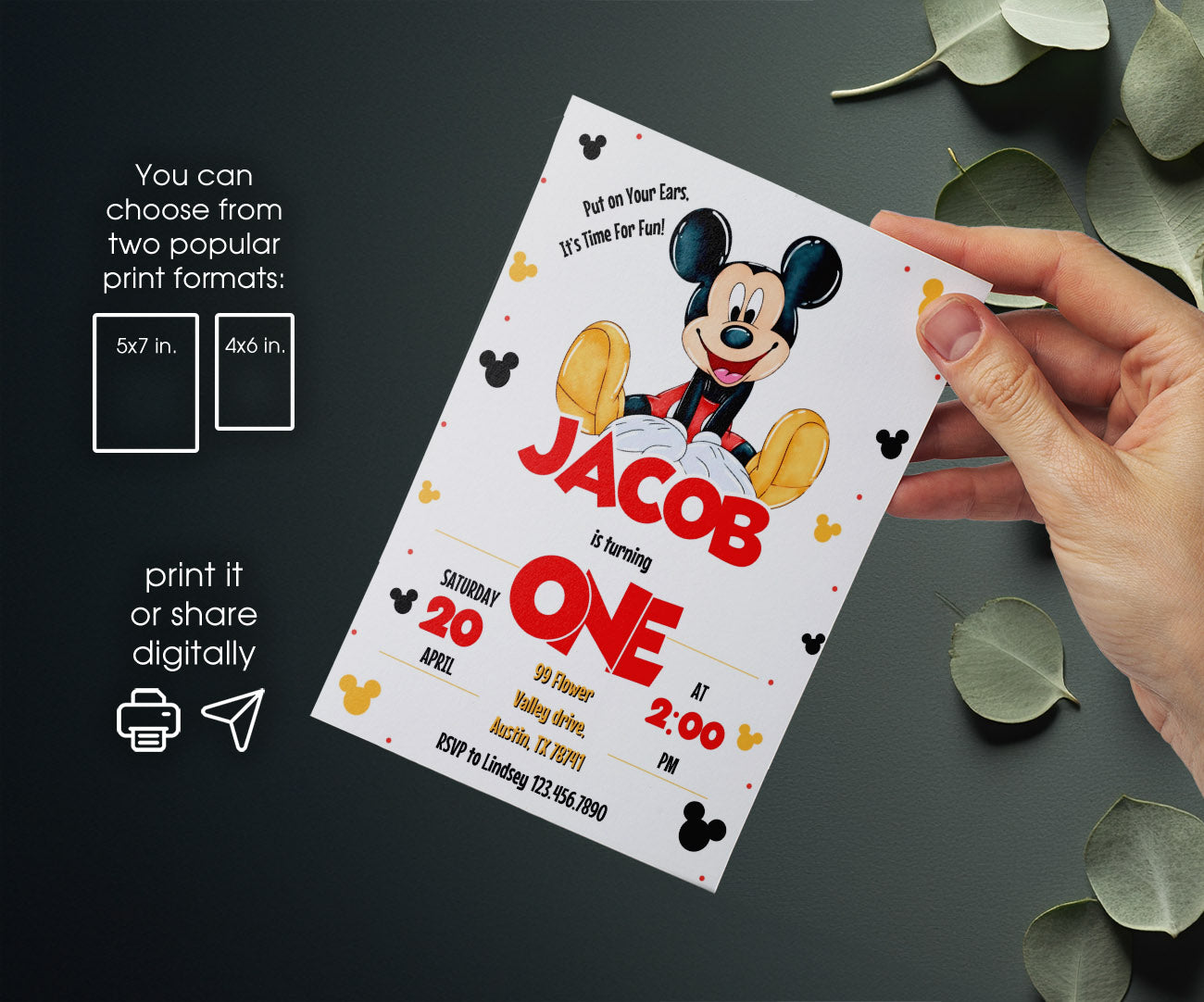Mickey Mouse 1st Birthday customizable invitation template | Share or Print | DJ769
