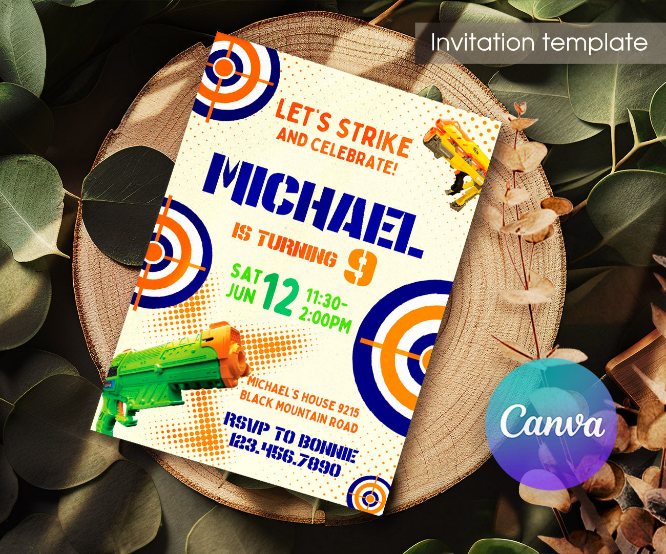 NERF Dart Wars customizable invitation template | Share or Print | boy | KA789