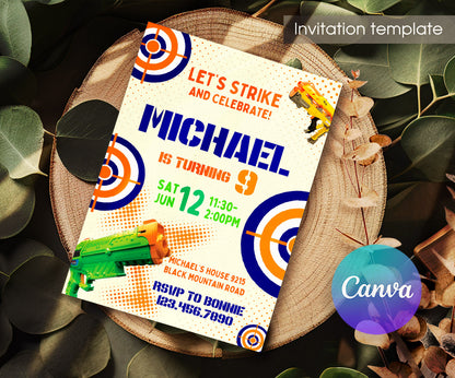 NERF Dart Wars customizable invitation template | Share or Print | boy | KA789