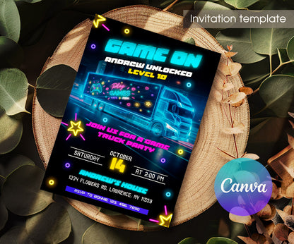 Video Game Bus Gamer customizable invitation template | Share or Print | boy | VB419