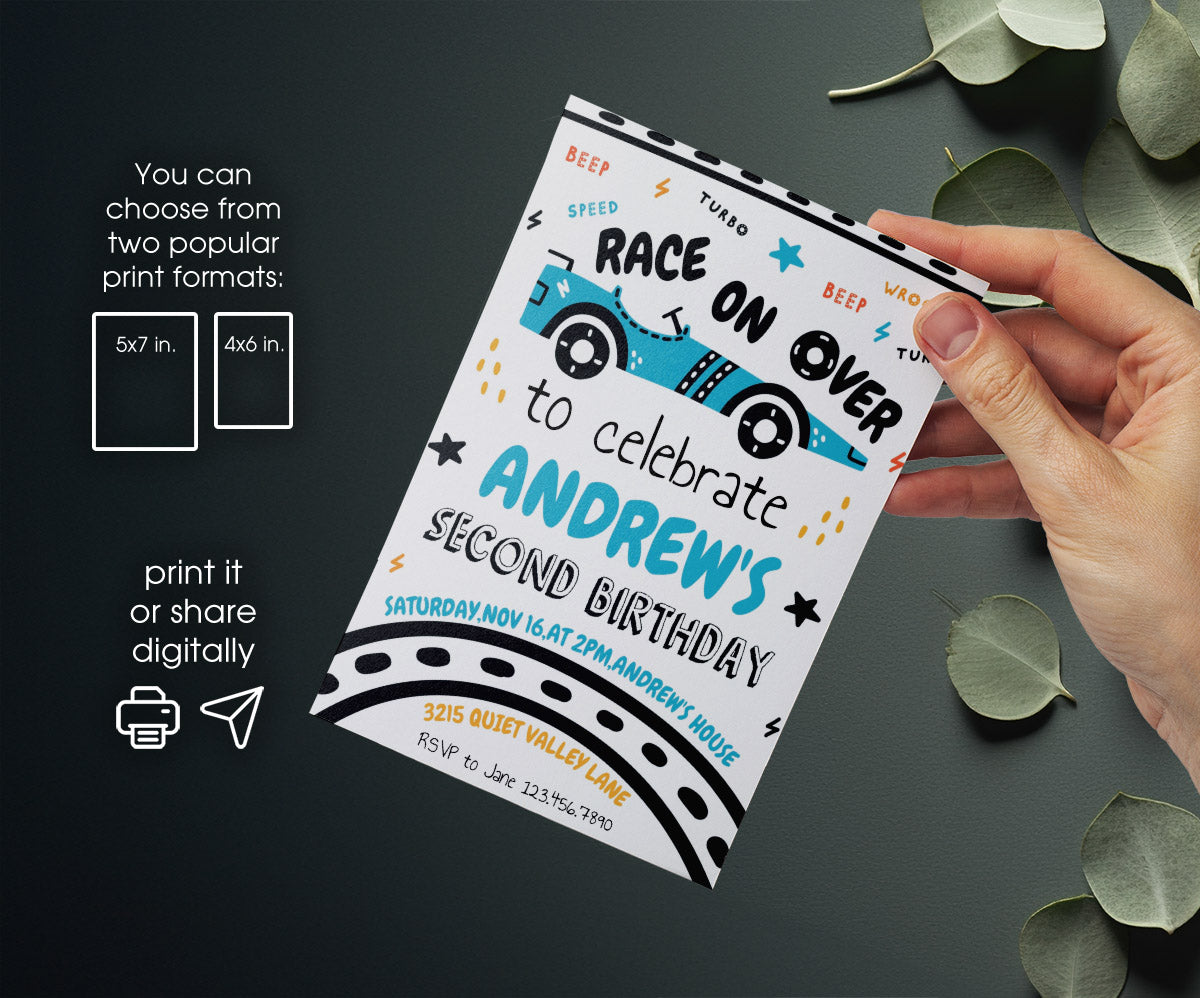 Race Car 2nd Bday Watercolor customizable invitation template | Share or Print | boy | IP305