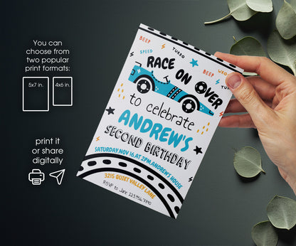 Race Car 2nd Bday Watercolor customizable invitation template | Share or Print | boy | IP305