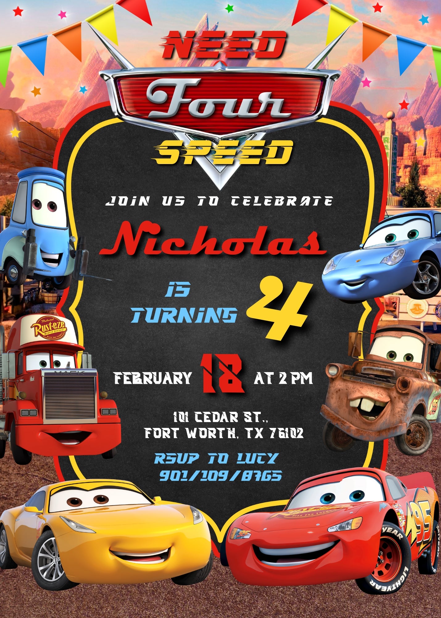 Cars Lightning Mcqueen Four customizable invitation template | Share or Print | boy | QT478