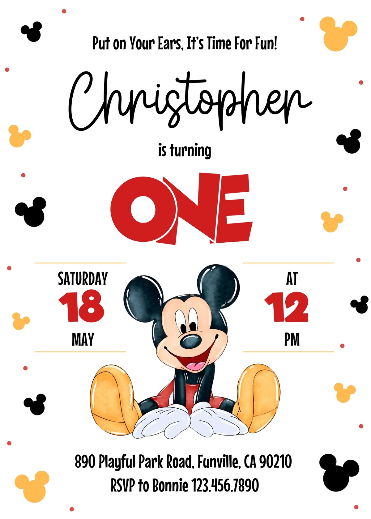 Mickey Mouse 1st Birthday customizable invitation template | Share or Print | XH200