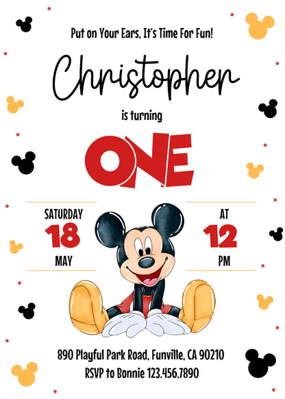 Mickey Mouse 1st Birthday customizable invitation template | Share or Print | XH200