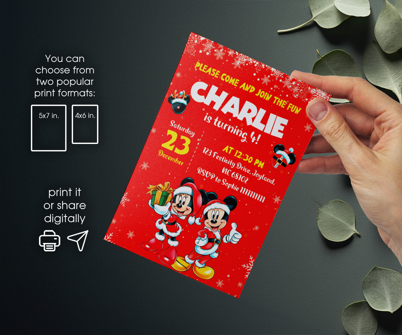 Mickey Mouse Christmas customizable invitation template | Share or Print | EV761