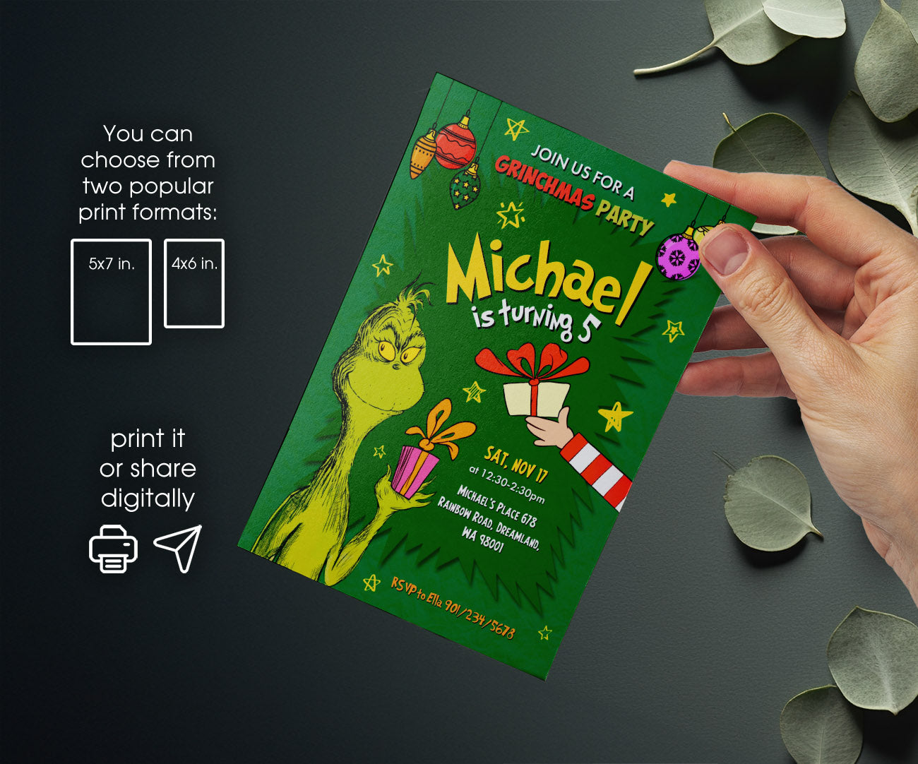 Dr Seuss How the Grinch Stole Christmas customizable invitation template | Share or Print | FQ200