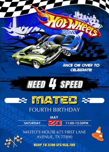 Hot Wheels Need Four Speed customizable invitation template | Share or Print | boy | PO697