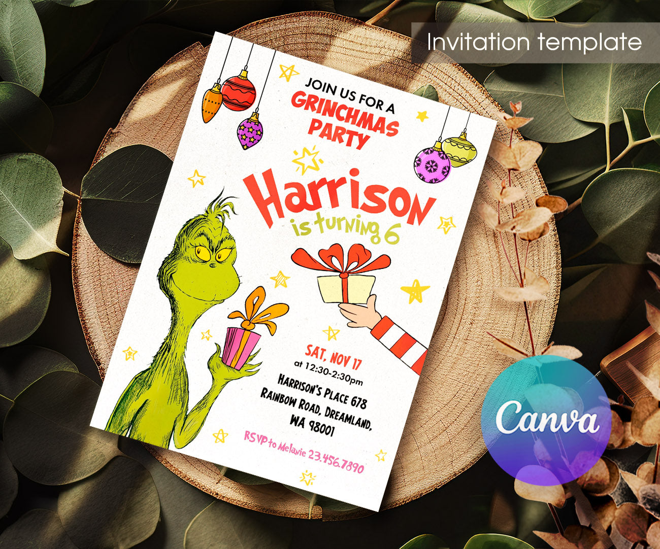 Dr Seuss How the Grinch Stole Christmas customizable invitation template | Share or Print | TL855