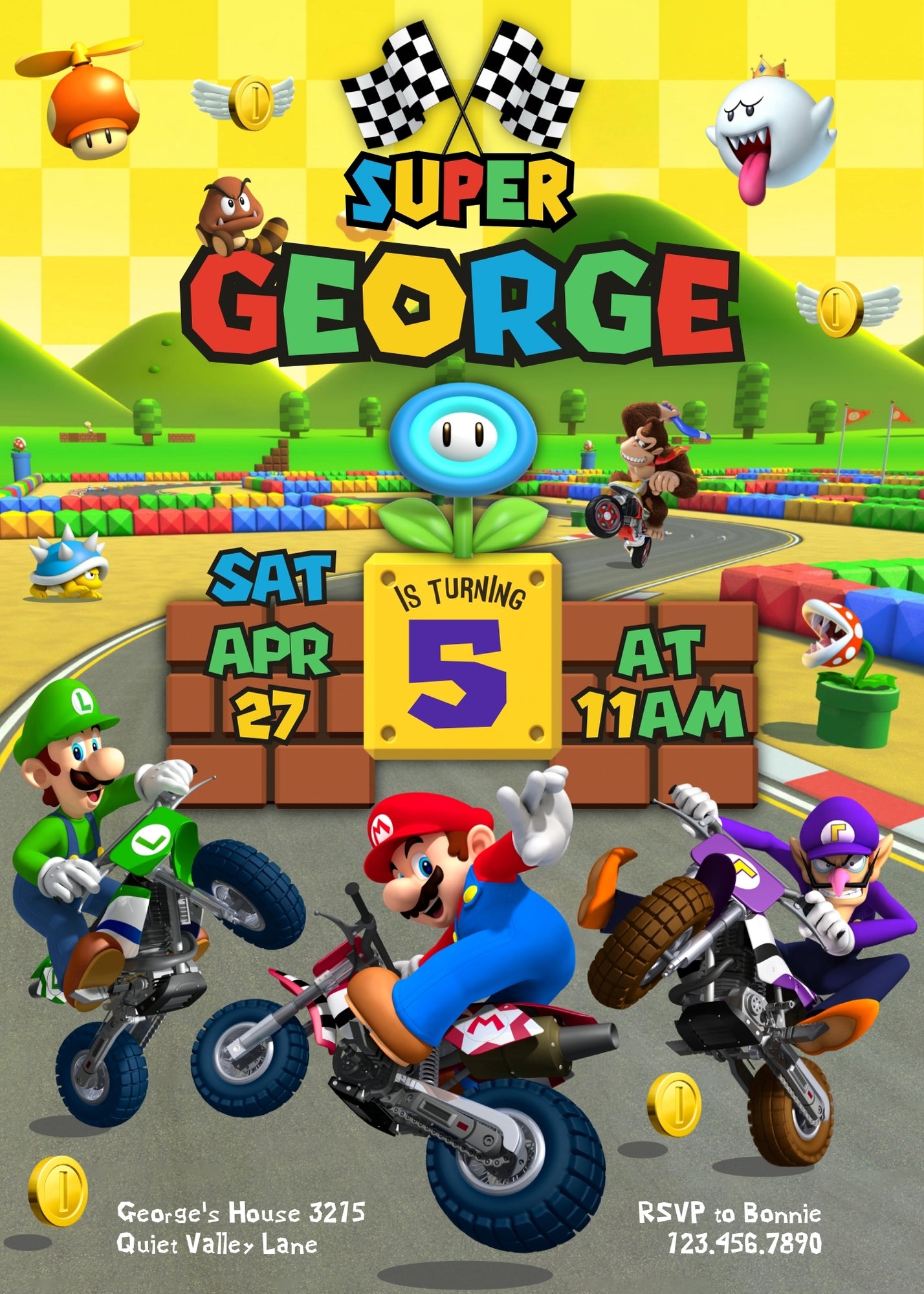 Super Mario Bros Motorcycle customizable invitation template | Share or Print | ED395