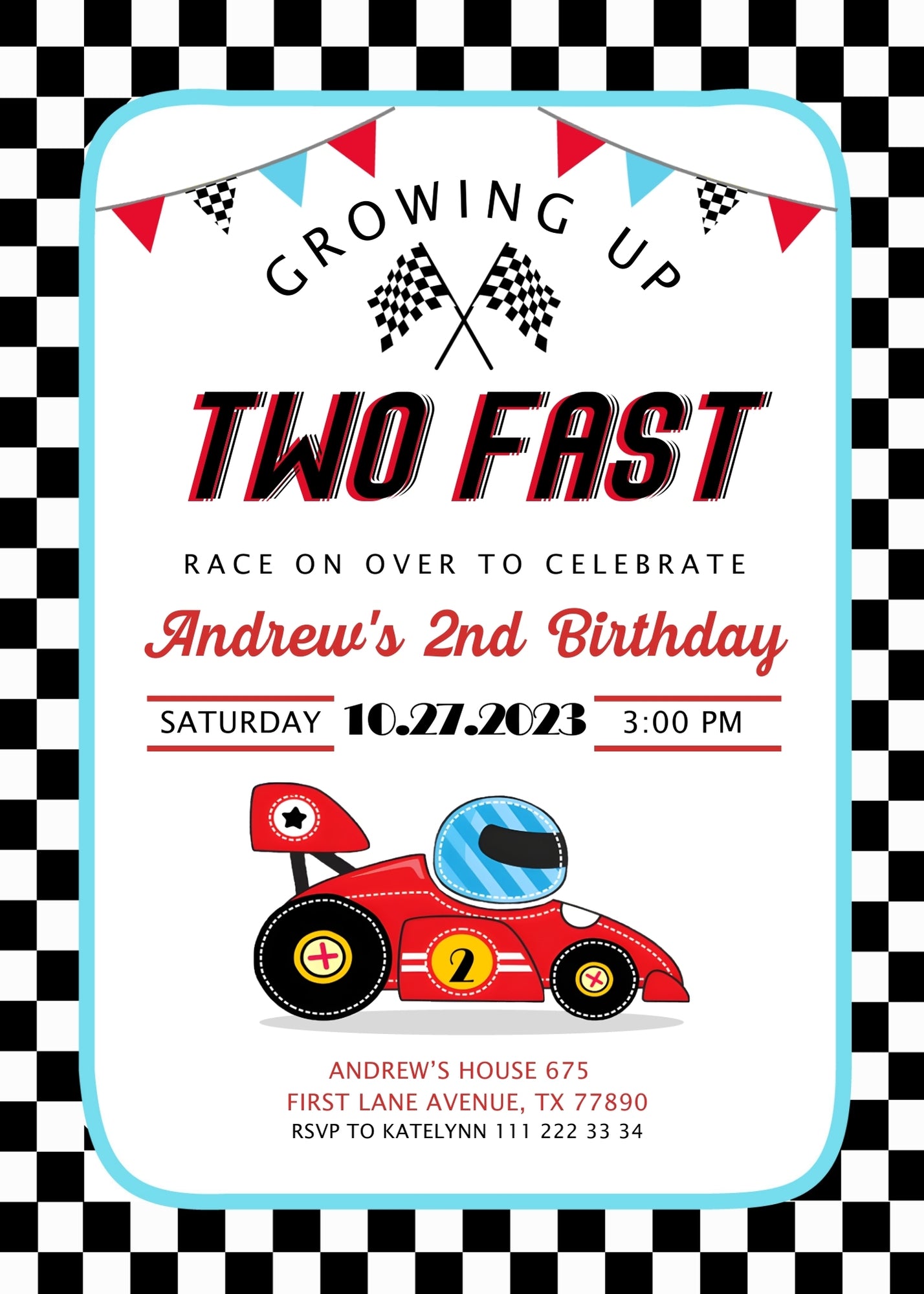 Race Car 2nd Bday Watercolor customizable invitation template | Share or Print | boy | EC907