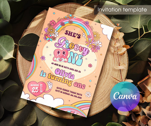 Groovy One First Birthday customizable invitation template | Share or Print | ZY196