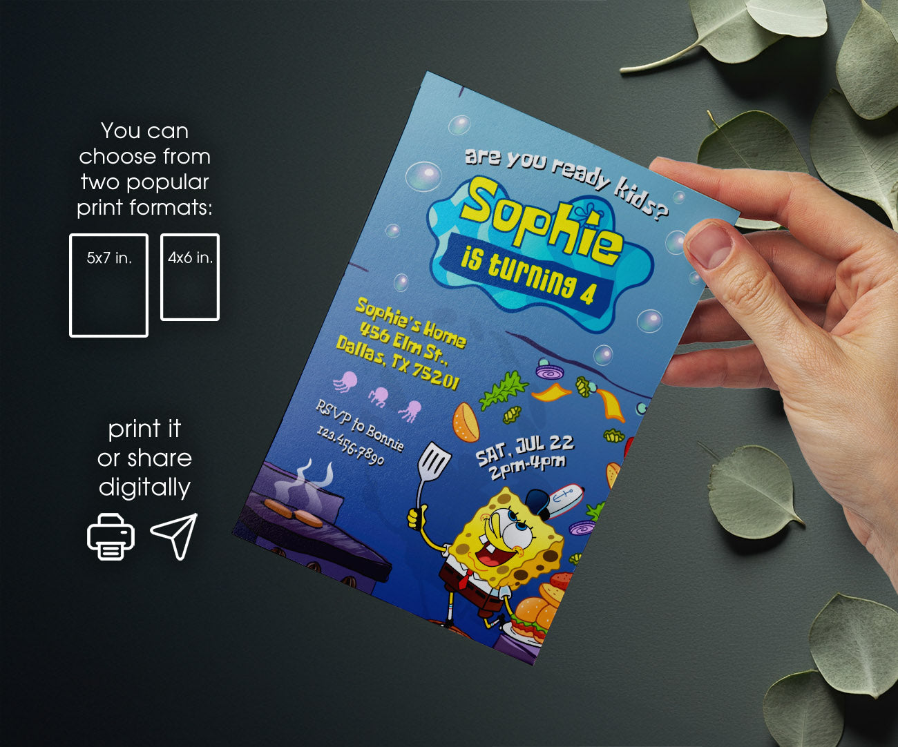 SpongeBob SquarePant customizable invitation template | Share or Print | TT452