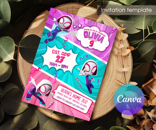 Spider Gwen Ghost Spidey customizable invitation template | Share or Print | girl | JH282