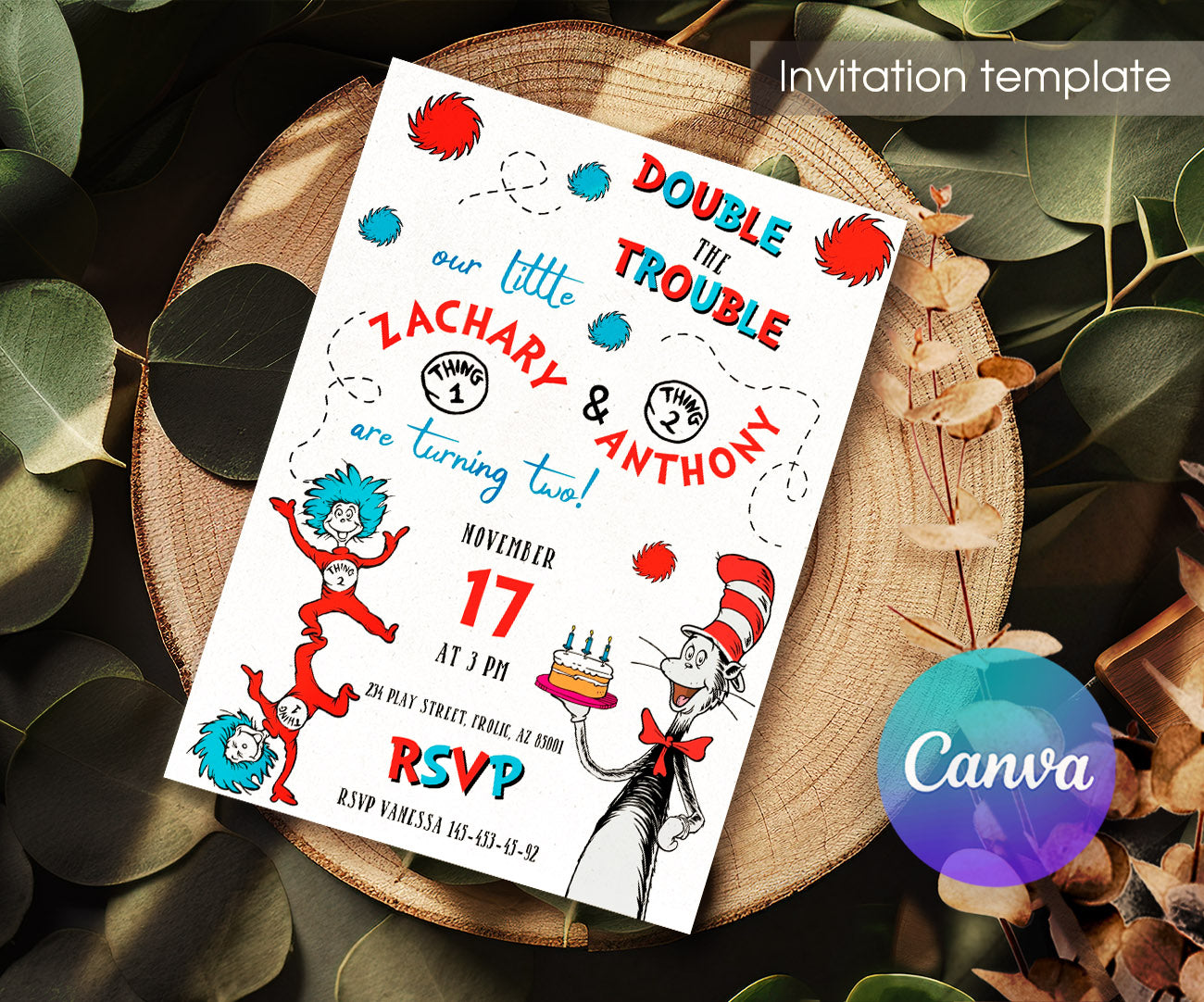 Dr Seuss The Cat in the Hat Twins customizable invitation template | Share or Print | LA666