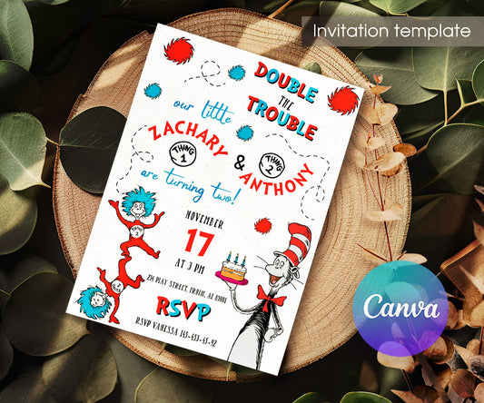 Dr Seuss The Cat in the Hat Twins customizable invitation template | Share or Print | LA666