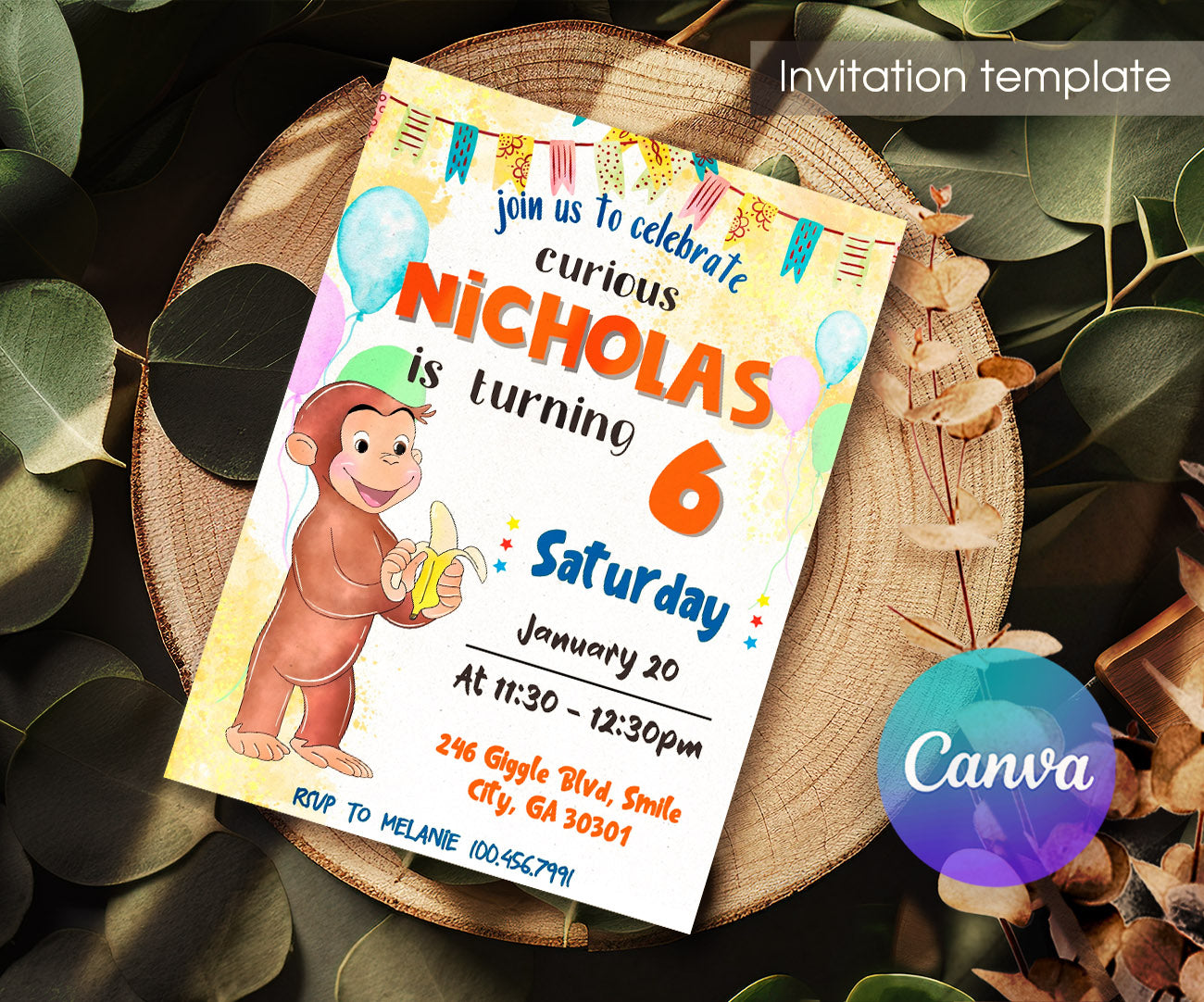 Curious George Monkey customizable invitation template | Share or Print | GS121