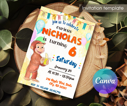 Curious George Monkey customizable invitation template | Share or Print | GS121