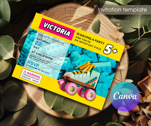 Lego Retro Roller Skate customizable invitation template | Share or Print | girl | MB243