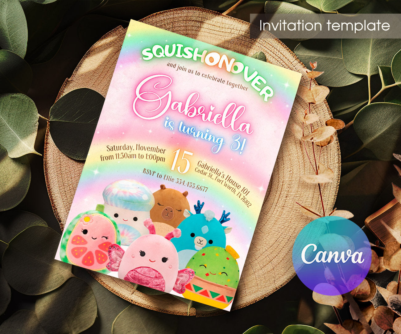 Squishmallows customizable invitation template | Share or Print | WK143