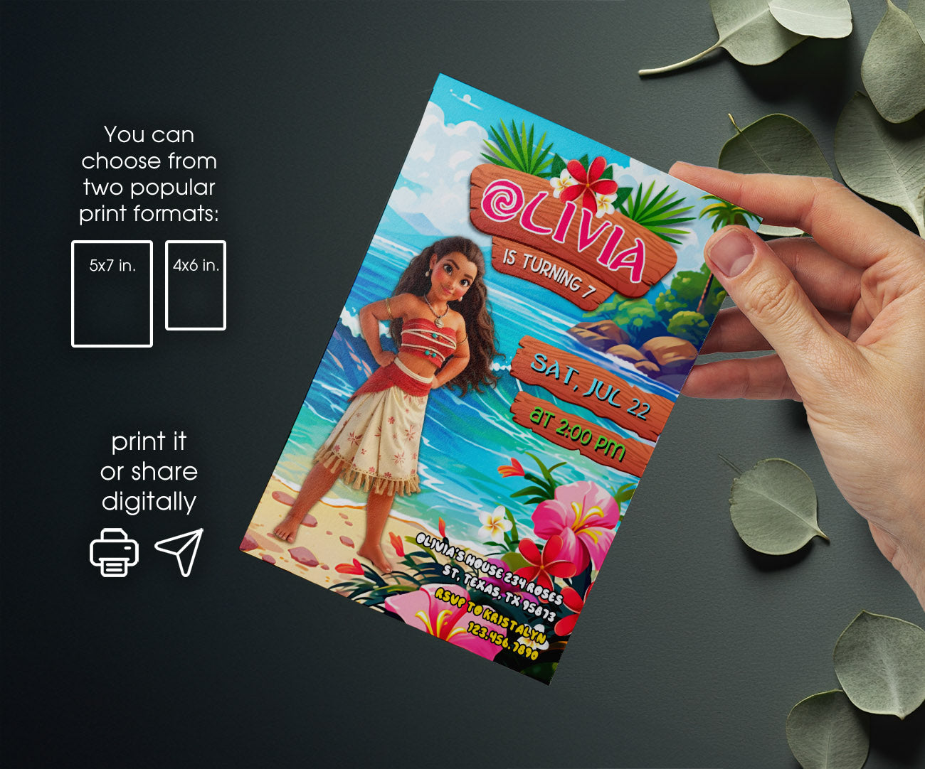 Moana Princess customizable invitation template | Share or Print | girl | YL766