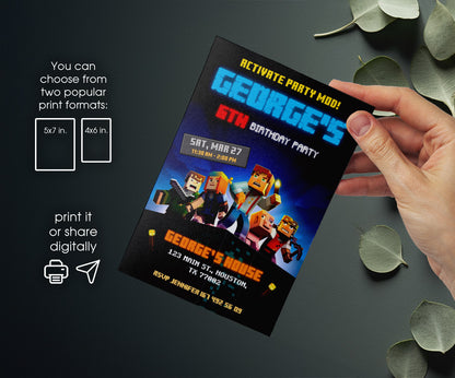 Minecraft Gamer customizable invitation template | Share or Print | FG862