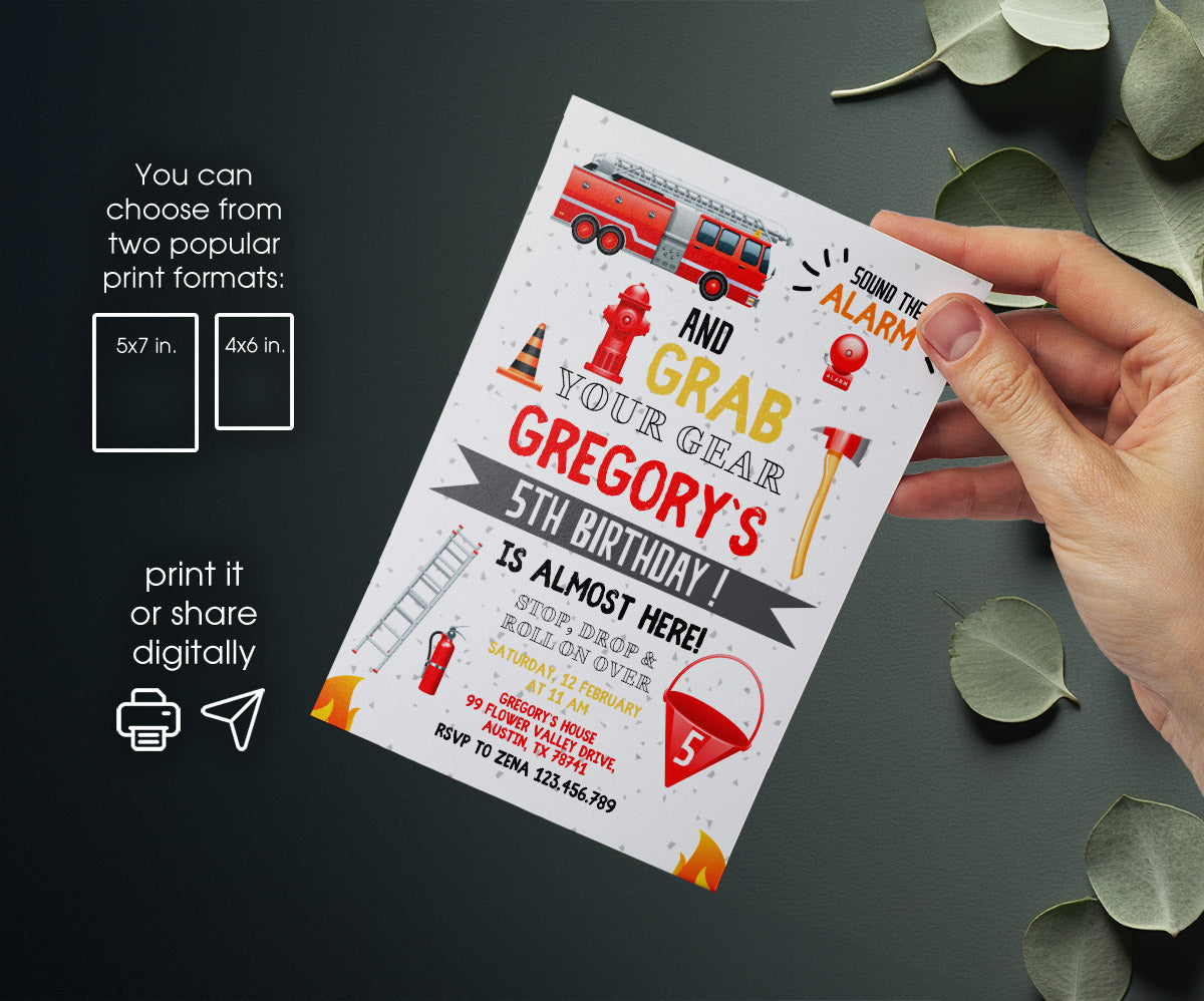 Firetruck Firefighter Fire Truck customizable invitation template | Share or Print | boy | ND058