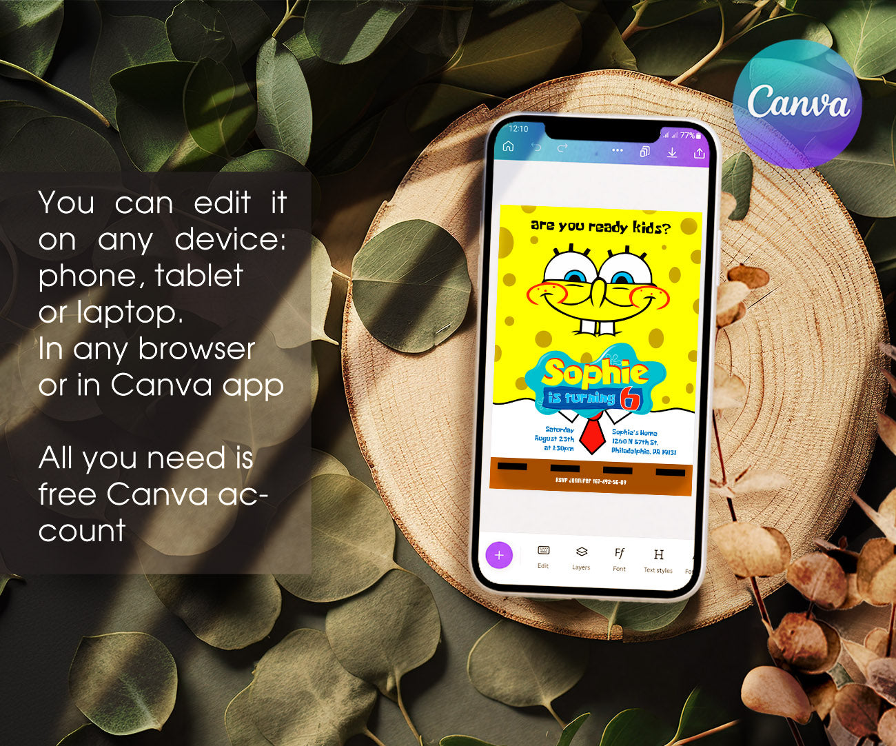 SpongeBob SquarePant customizable invitation template | Share or Print | ZV958