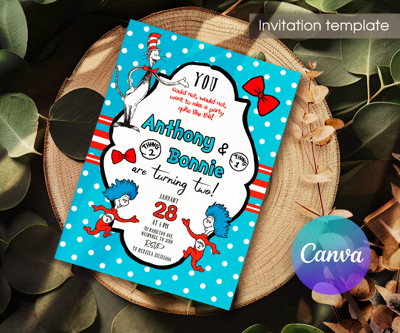 Dr Seuss The Cat in the Hat Twins customizable invitation template | Share or Print | SN601