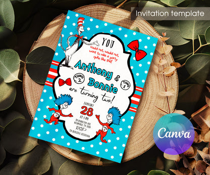 Dr Seuss The Cat in the Hat Twins customizable invitation template | Share or Print | SN601